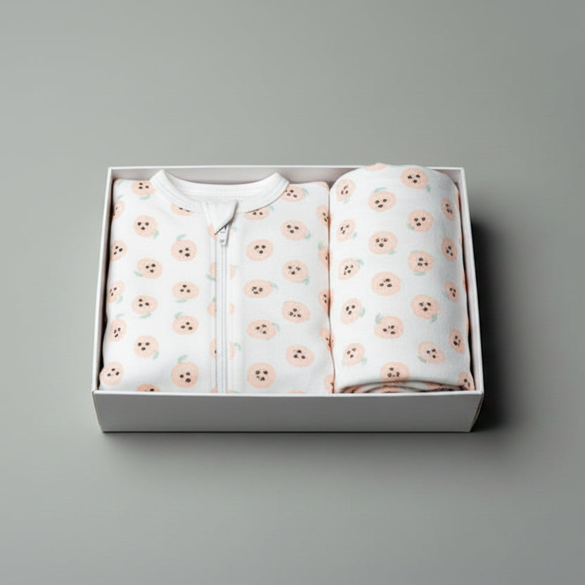 Baby onesie with a pattern on a gray background